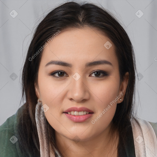 Joyful white young-adult female with long  brown hair and brown eyes