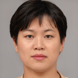 Joyful asian young-adult female with short  brown hair and brown eyes