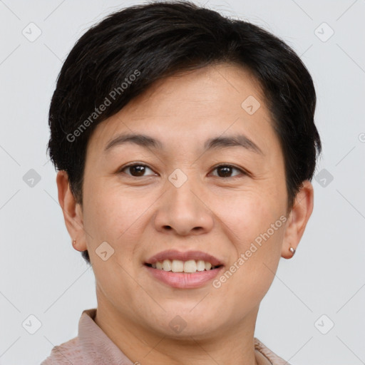 Joyful white young-adult female with short  brown hair and brown eyes