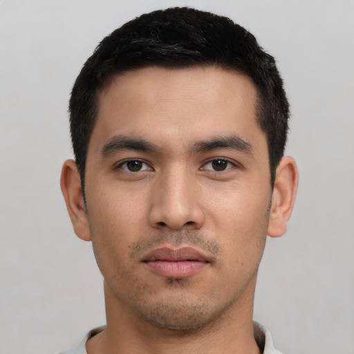 Neutral asian young-adult male with short  black hair and brown eyes