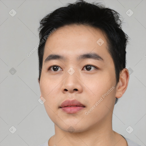 Neutral asian young-adult male with short  black hair and brown eyes