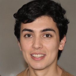 Joyful white young-adult male with medium  brown hair and brown eyes