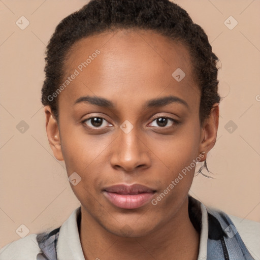 Neutral black young-adult female with short  brown hair and brown eyes