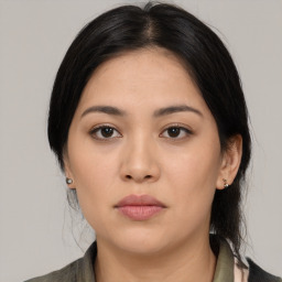 Neutral asian young-adult female with medium  black hair and brown eyes