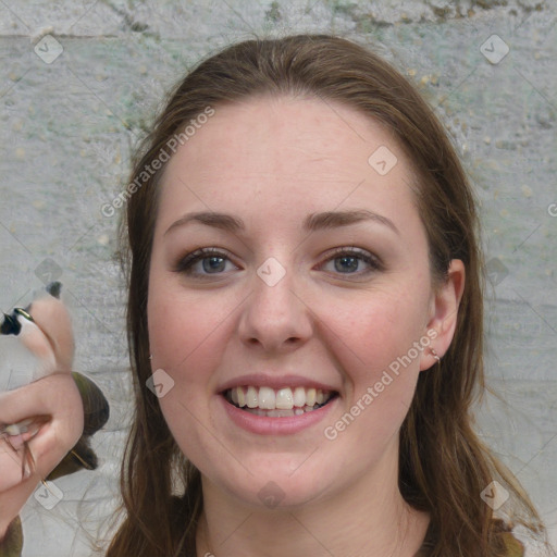 Joyful white young-adult female with medium  brown hair and blue eyes