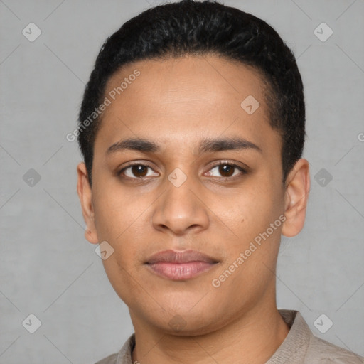 Joyful latino young-adult male with short  black hair and brown eyes
