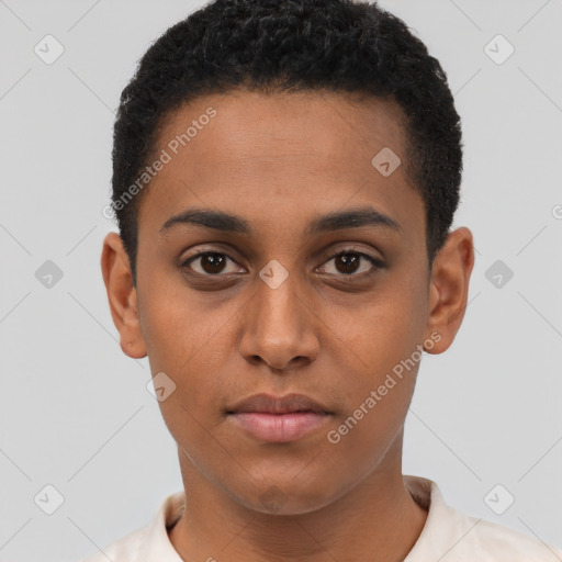 Neutral black young-adult male with short  brown hair and brown eyes