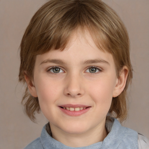 Joyful white child female with medium  brown hair and grey eyes