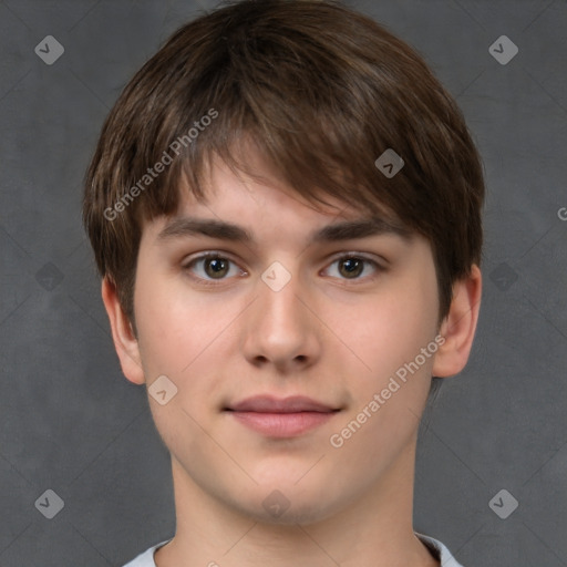 Neutral white young-adult male with short  brown hair and brown eyes