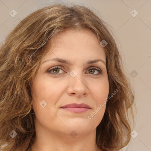 Joyful white young-adult female with medium  brown hair and green eyes