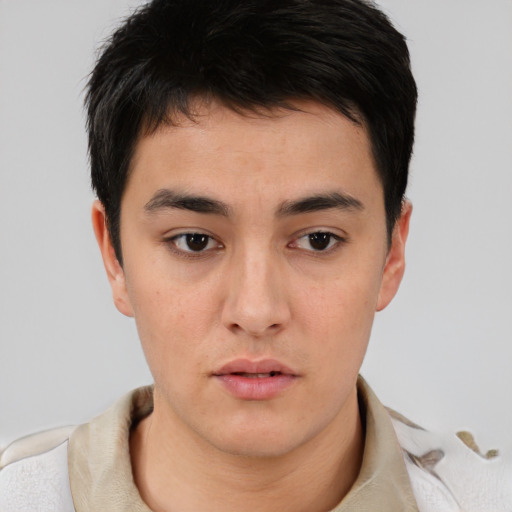 Neutral asian young-adult male with short  brown hair and brown eyes