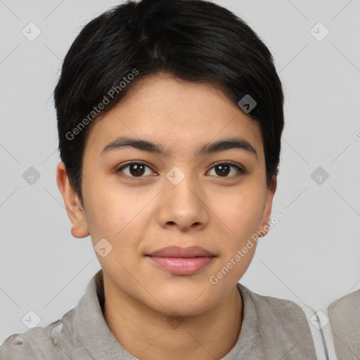 Joyful latino young-adult female with short  brown hair and brown eyes