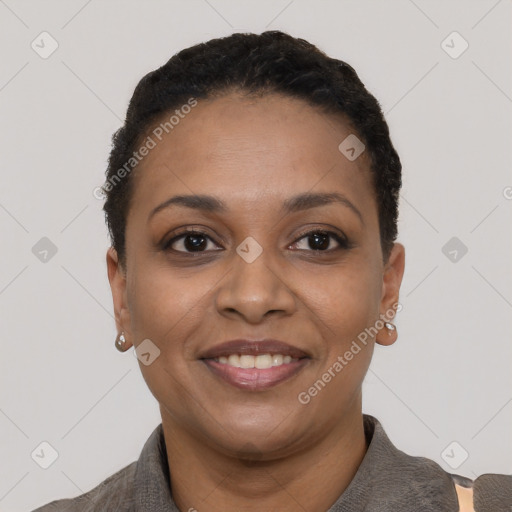 Joyful latino young-adult female with short  black hair and brown eyes