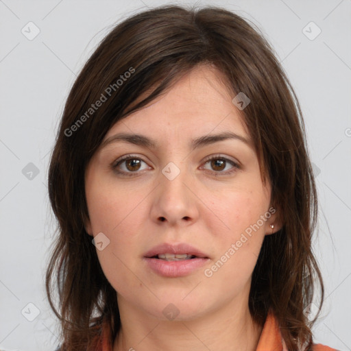 Neutral white young-adult female with long  brown hair and brown eyes