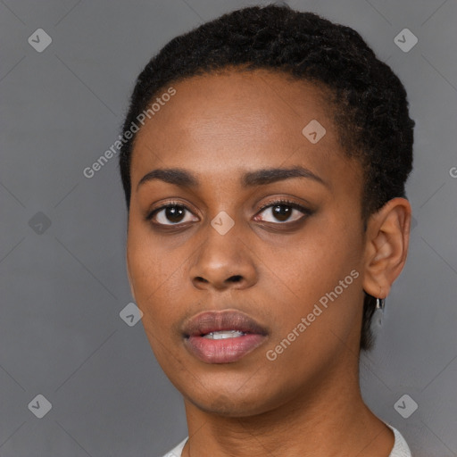 Neutral black young-adult female with short  black hair and brown eyes