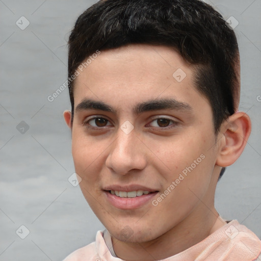 Joyful white young-adult male with short  brown hair and brown eyes