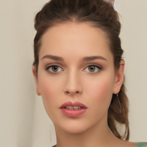 Neutral white young-adult female with medium  brown hair and green eyes