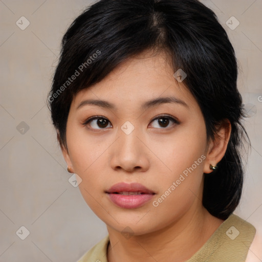 Neutral asian young-adult female with medium  black hair and brown eyes