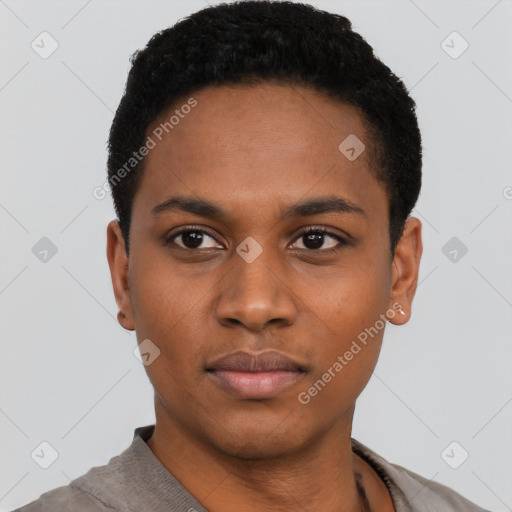 Neutral black young-adult male with short  black hair and brown eyes