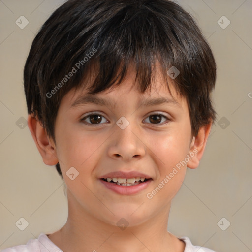 Joyful white child female with short  brown hair and brown eyes