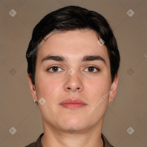 Neutral white young-adult male with short  brown hair and brown eyes