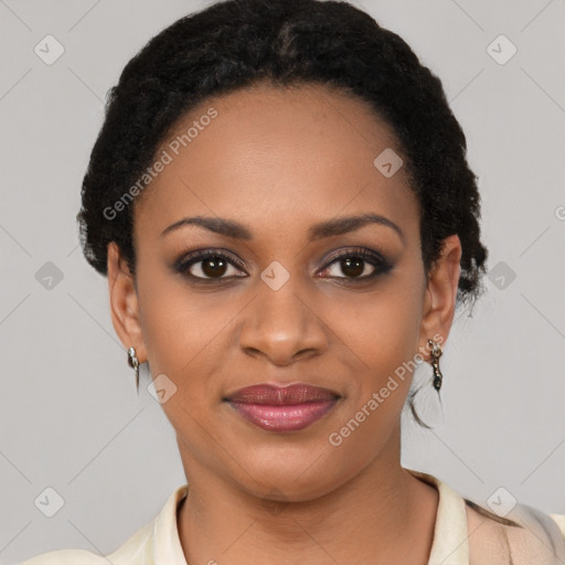 Joyful black young-adult female with short  brown hair and brown eyes