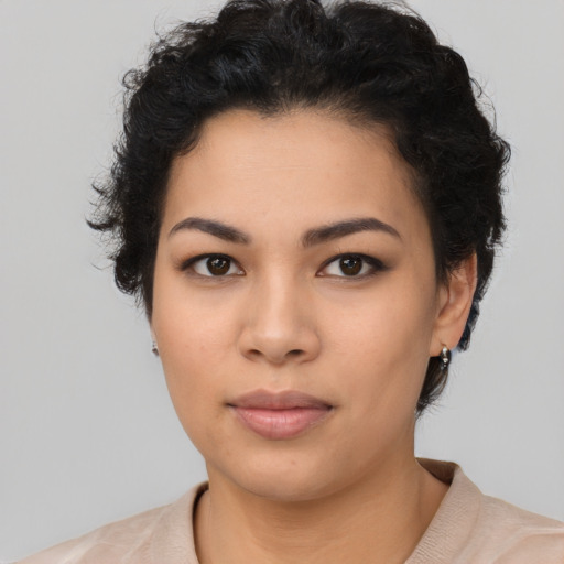 Neutral asian young-adult female with short  black hair and brown eyes