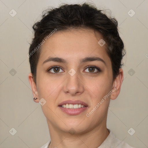 Joyful white young-adult female with short  brown hair and brown eyes