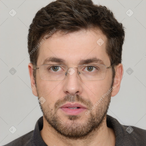 Neutral white adult male with short  brown hair and brown eyes