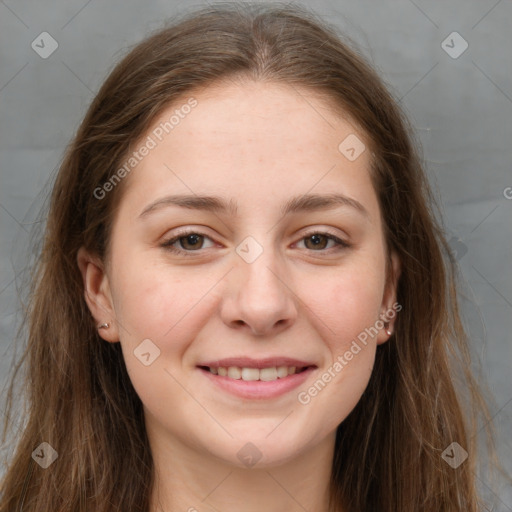 Joyful white young-adult female with long  brown hair and grey eyes