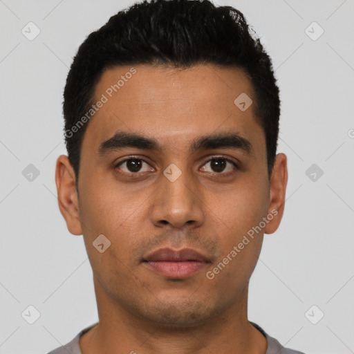 Neutral latino young-adult male with short  black hair and brown eyes