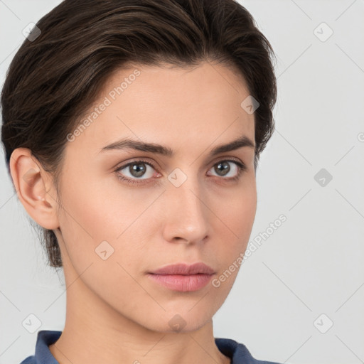 Neutral white young-adult female with short  brown hair and brown eyes