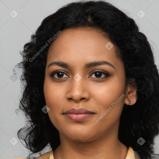 Joyful latino young-adult female with long  black hair and brown eyes