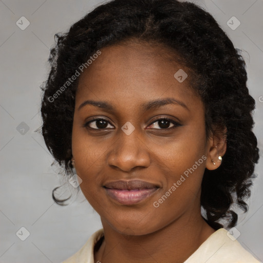 Joyful black young-adult female with medium  black hair and brown eyes