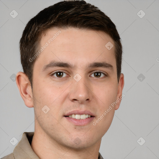 Joyful white young-adult male with short  brown hair and brown eyes