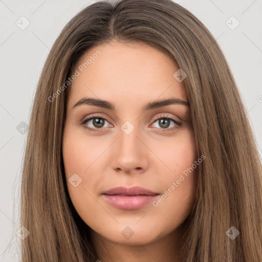 Neutral white young-adult female with long  brown hair and brown eyes