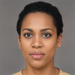 Neutral black young-adult female with short  black hair and brown eyes