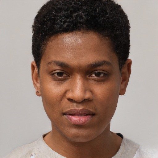 Neutral black young-adult female with short  black hair and brown eyes