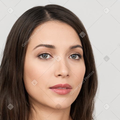 Neutral white young-adult female with long  brown hair and brown eyes