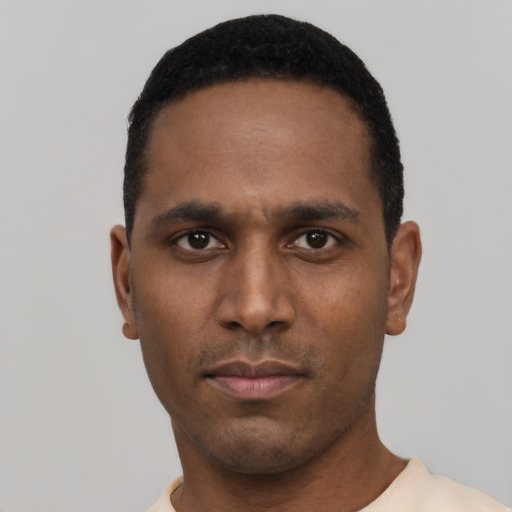 Neutral black young-adult male with short  black hair and brown eyes