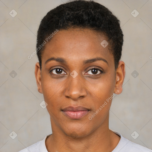 Neutral black young-adult female with short  brown hair and brown eyes