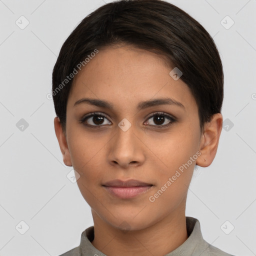 Neutral latino young-adult female with short  brown hair and brown eyes