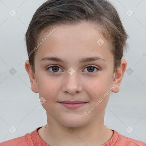 Joyful white child female with short  brown hair and brown eyes