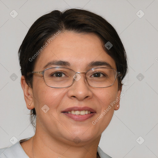 Joyful white adult female with short  brown hair and brown eyes