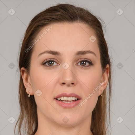 Joyful white young-adult female with long  brown hair and grey eyes