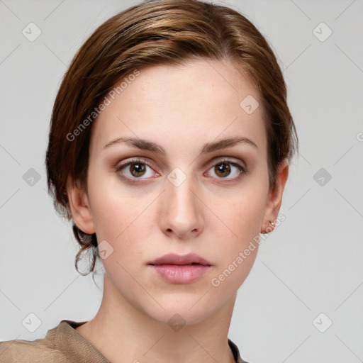 Neutral white young-adult female with short  brown hair and grey eyes