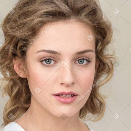 Joyful white young-adult female with medium  brown hair and green eyes