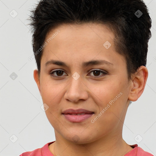 Joyful white young-adult female with short  brown hair and brown eyes