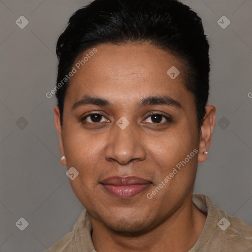 Joyful white young-adult male with short  black hair and brown eyes