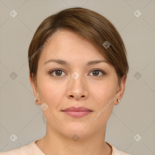 Neutral white young-adult female with short  brown hair and brown eyes